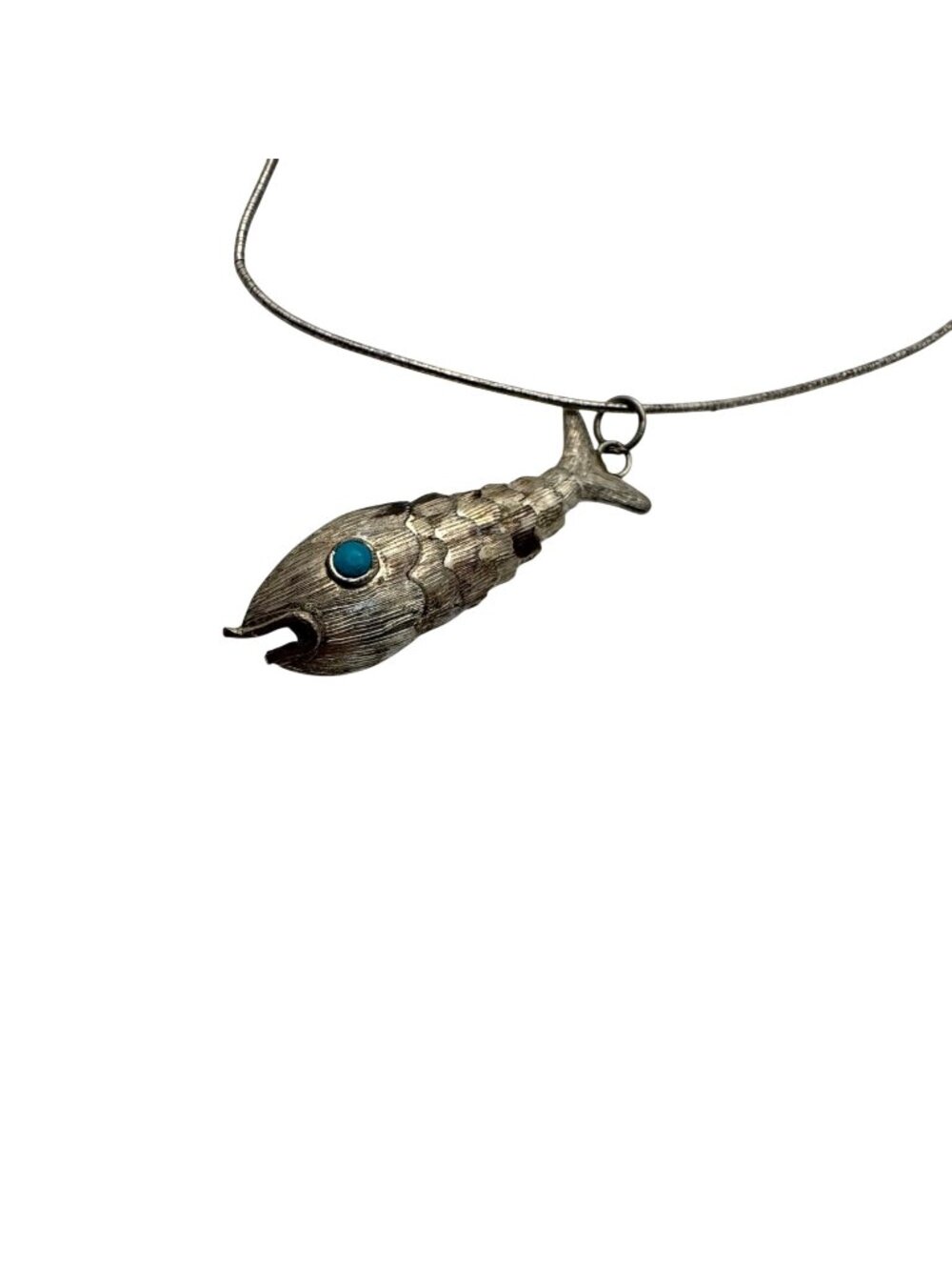 Sterling Silver Articulated Fish Pendant Necklace Turquoise Eye 18 Chain Vintage